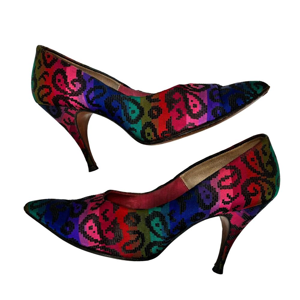 Vintage 50s Silk Pumps Jewel Tone Pinup Mid Century Shoes 6